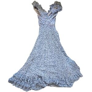 Sachin & Babi White Blue Floral‎ Ruffle V Neck Maxi Dress Sz 2